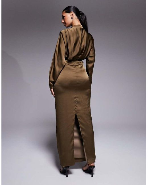 TFNC London Brown Satin High Neck Fold Over Detail Maxi Dress