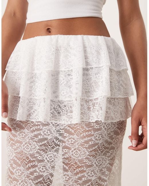 ASOS Natural Sheer Lace Column Maxi Skirt With Ruffle Waist