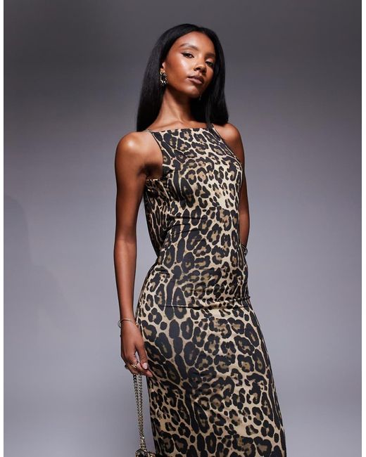 Public Desire Blue High Neck Cowl Back Maxi Dress Leopard
