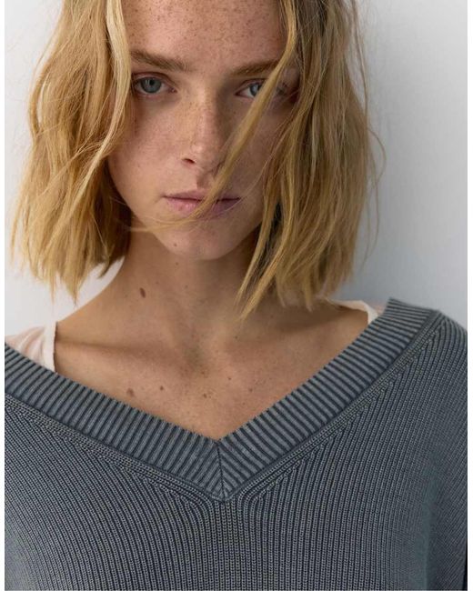 Pull&Bear Gray V-Neck Jumper
