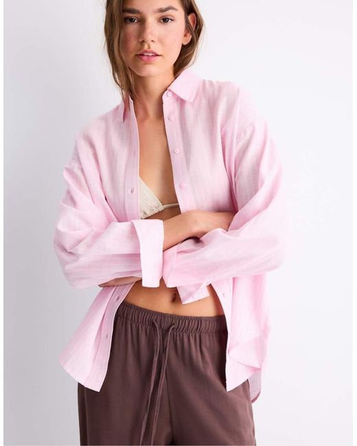 Stradivarius Purple Linen-effect Shirt