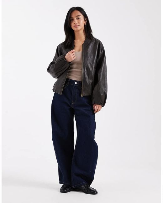 ASOS Black Asos Design Petite Washed Leather Look Oversized Bomber Jacket