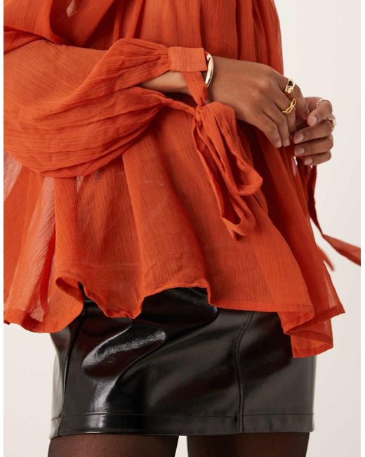 ASOS Red Sheer High Neck Blouse With Tie Cuff Detail