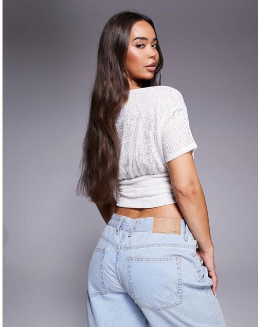 ASOS Gray Texture Sheer Asymmetric One Shoulder Short Sleeve Top With Cinch Waist Detail