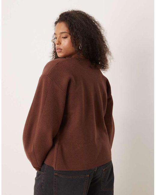ASOS Brown Asos Design Curve Structured Shoulder Pad Waisted Crew Neck Cardigan