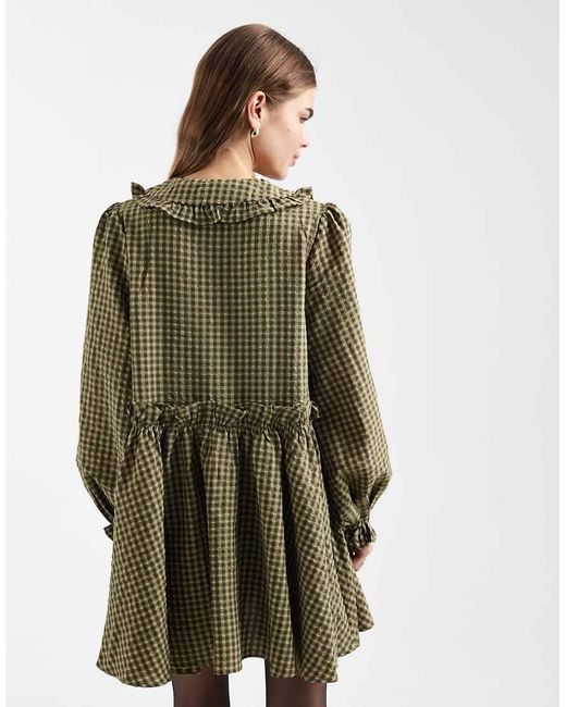 Daisy Street Green Long Sleeve Mini Smock Dress With Ruffles