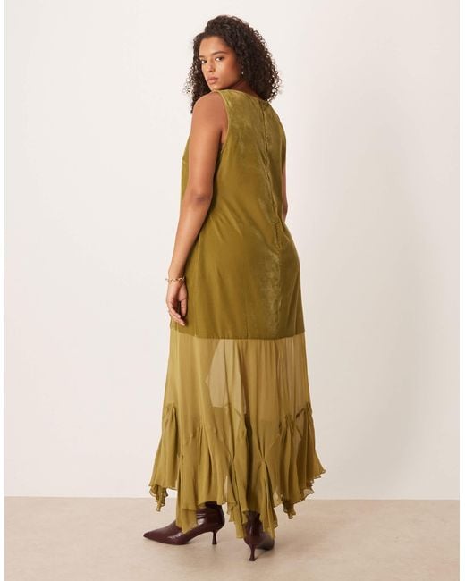 ASOS Metallic Asos Design Curve Drop Waist Velvet Maxi Dress With Sheer Godet Skirt
