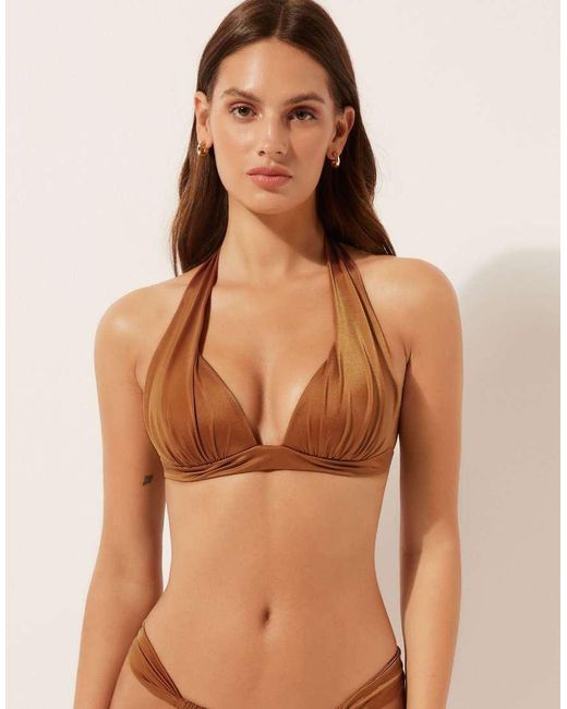 Calzedonia Brown Shiny Satin Padded Triangle Bikini Top