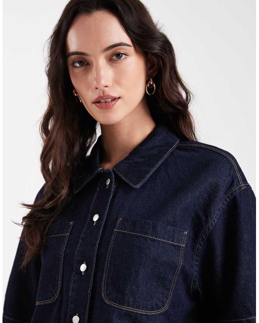 ONLY Blue Boxy Cropped Denim Shirt