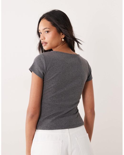 ASOS Gray Short Sleeve With V Neck And Black Lace Trim Top