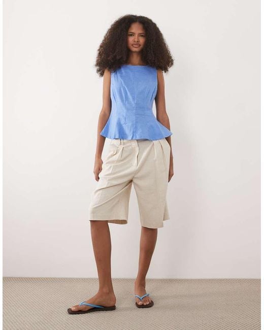 New Look Blue Linen Rich Cinched Waist Top