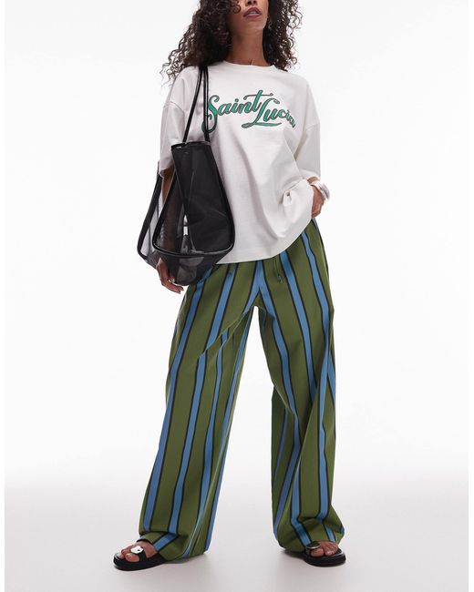TOPSHOP Green – khaki-blau gestreifte popeline-schlupfhose mit weitem bein