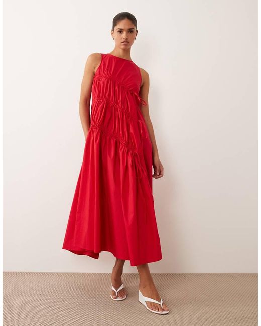 Ghospell Red Sleeveless Drawstring Detail Ruched Midi Dress