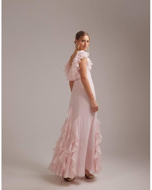 ASOS Pink Bridesmaids Bardot Ruffle Chiffon Maxi Dress