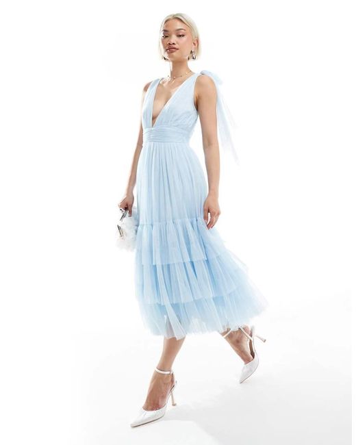 LACE & BEADS Blue Bridesmaid Bow Shoulder Tiered Midi Dress