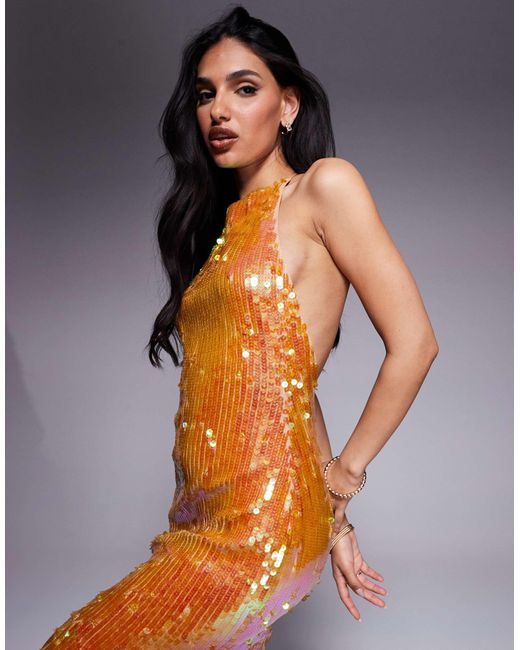 ASOS Gray Iridescent Sequin High Neck Maxi Dress With Open Back