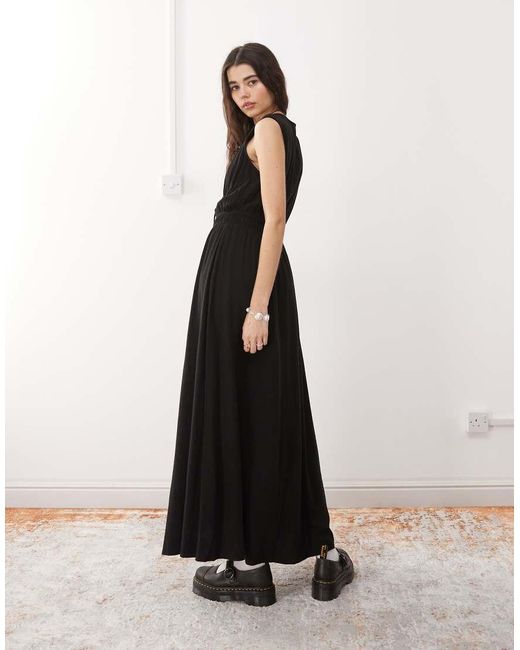 Reclaimed (vintage) Black Linen Blend Maxi Sundress With Ruching And Ties