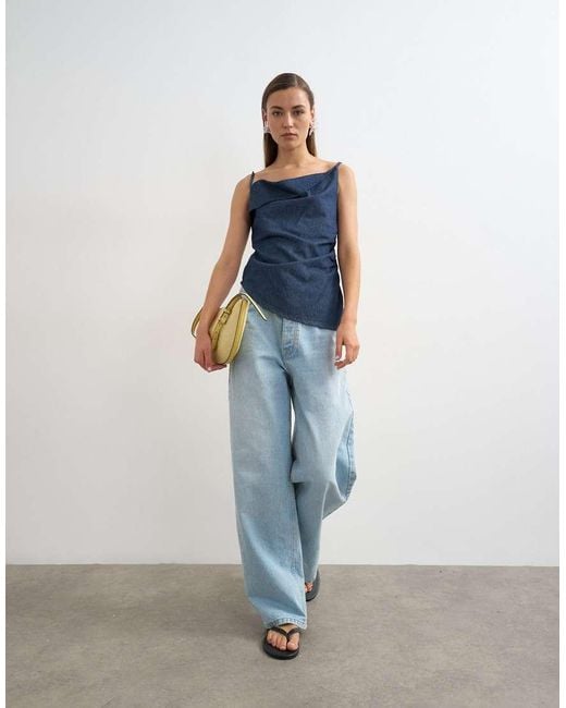 TOPSHOP Blue Denim Draped Neck Ruched Top