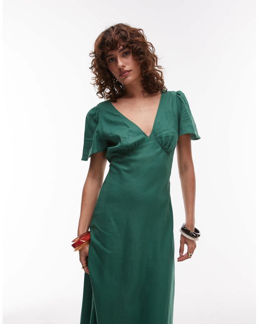 Mango Green Linen Mix Short Sleeve Midi Dress