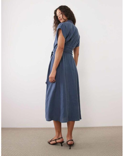 Mango Blue Midi Shirt Dress With Tie Waist