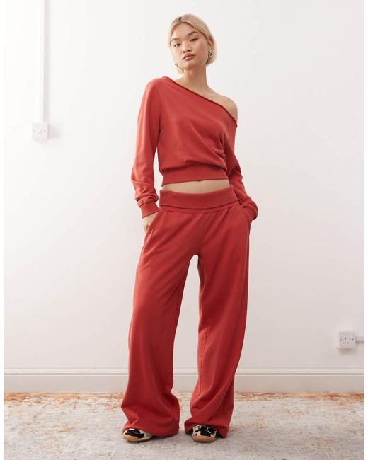 Collusion Red Washed Off Shoulder Sweatshirt Washed Co-ord