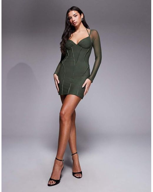 ASOS Gray Mesh Exposed Seam Long Sleeve Mini Dress