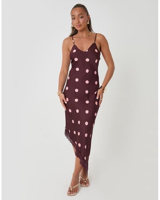 Threadbare Red Polka Dot Satin Lace Trim Maxi Dress