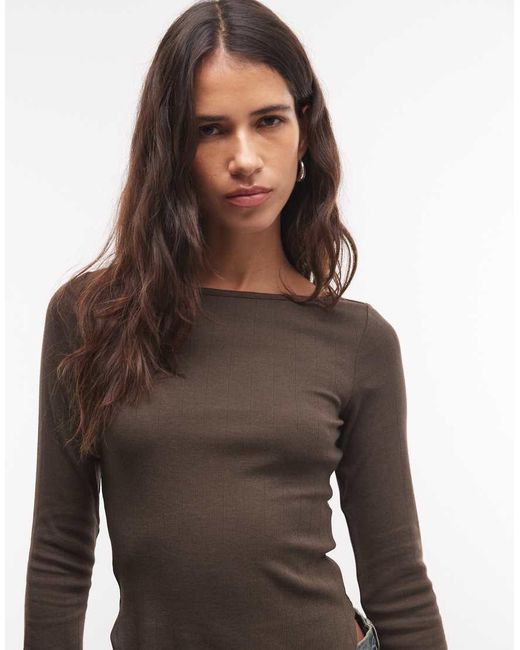 Monki Brown Long Sleeve Boatneck Top