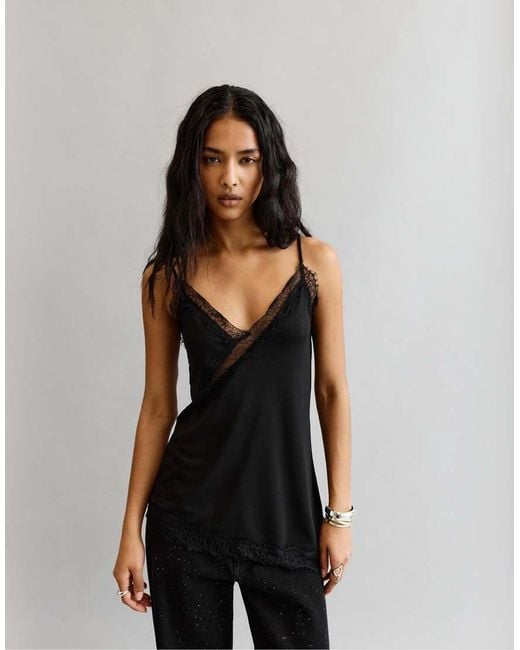 Pull&Bear Black Asymmetric Lace Strap Top