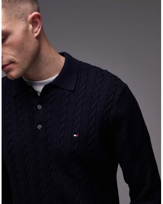 Tommy Hilfiger Blue Cable Knit Long Sleeve Polo Shirt for men