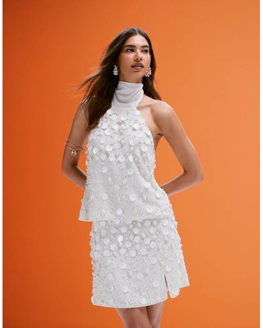 ASOS Orange Co-ord Linen Blend Halter Top With Faux Shell And Sequin Embellisment