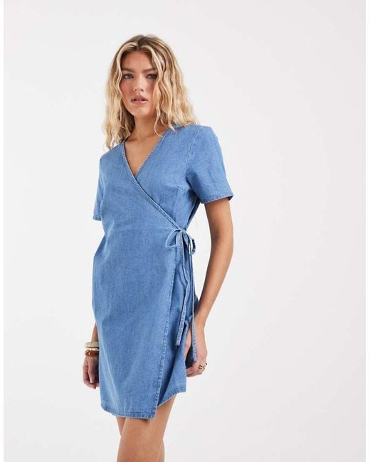 Vero Moda Blue Short Sleeve Wrap Front Denim Mini Dress