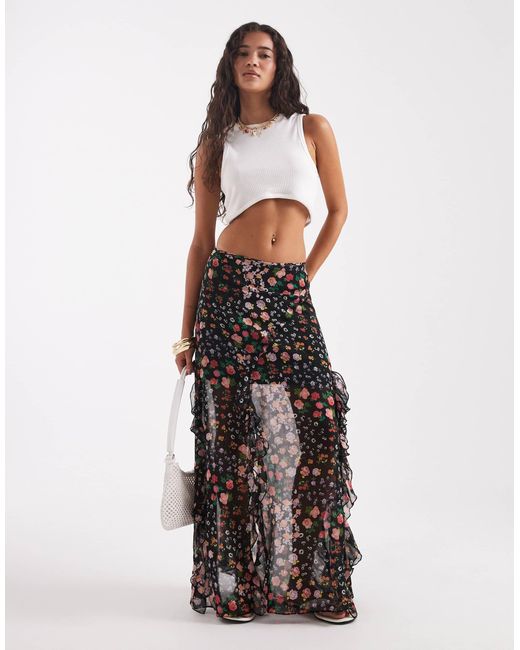 ASOS White Ruffle Chiffon Printed Maxi Skirt