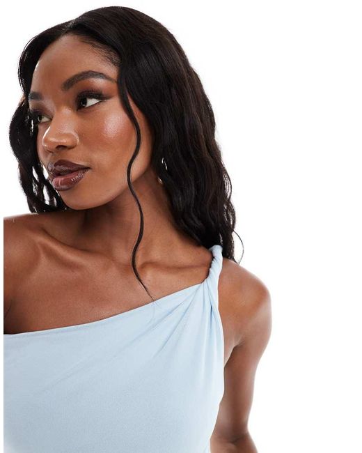 ASOS Blue Mesh Twisted Off Shoulder Mini Dress With Asymmetric Hem