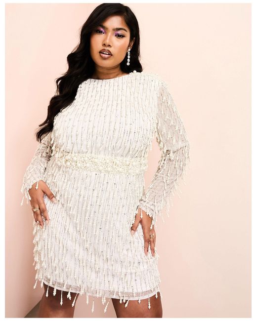 ASOS Curve Faux Pearl Embellished Long Sleeve Mini Dress With Bow Back in  Natural | Lyst Canada