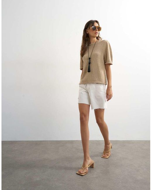 TOPSHOP Natural Knitted Short Sleeve Top With Roll Hem Trims