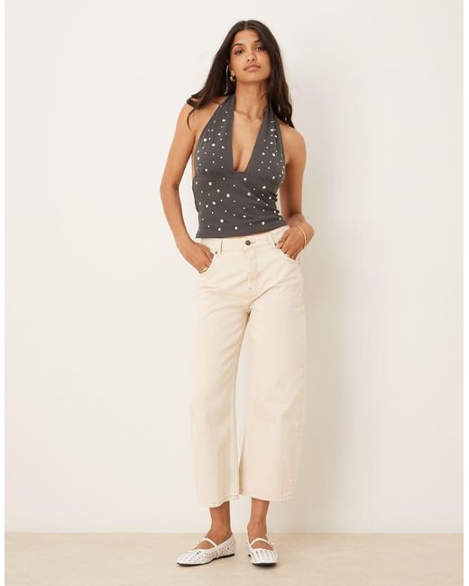 Top De Mezcla De Algodón Con Cuello Halter Y Tachuelas De Mango de color Gray