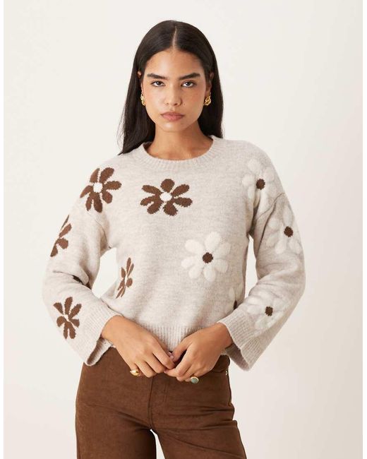 Brave Soul Natural Crew Neck Knitted Jumper With Flower Detail