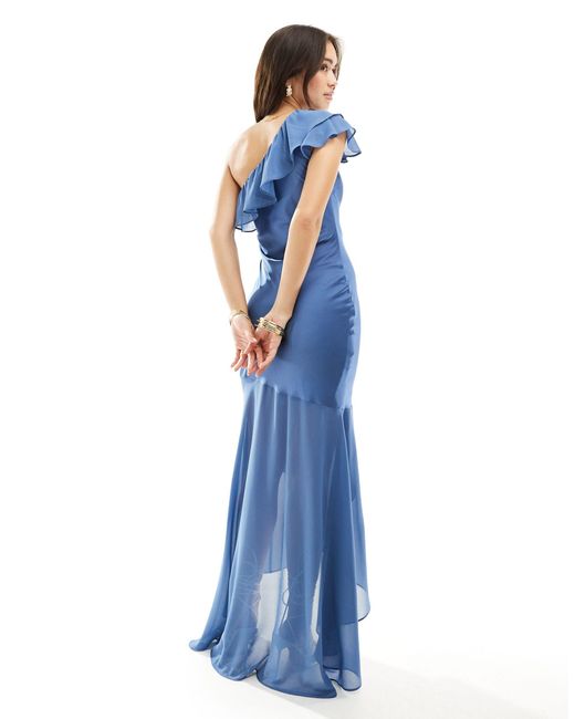 TFNC London Blue Bridesmaid Satin One Shoulder Ruffle Maxi Dress