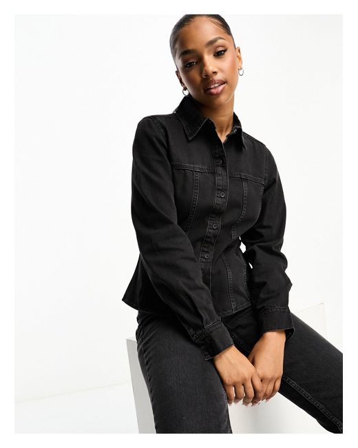 Monki Corseted Denim Shirt in Black Lyst
