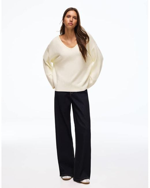 Bershka Natural Oversize V-Neck Jumper