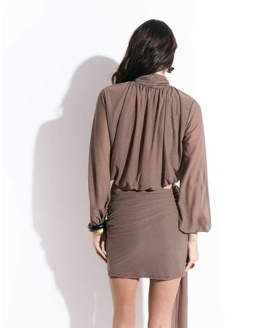 ASOS Brown Co-Ord Semi Sheer Mesh High Neck Long Sleeve Top With Bubble Hem