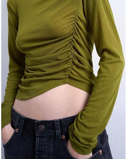 TOPSHOP Green Mesh Twisted Draped Long Sleeve Top