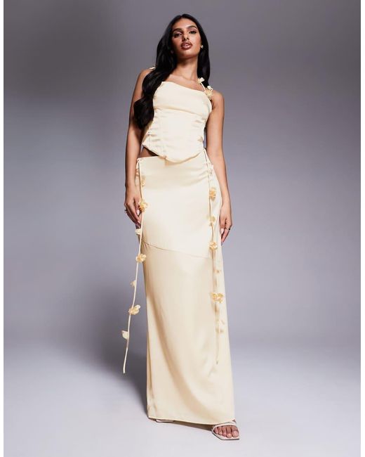 Wanderdoll Gray Esmerelda Premium Satin Drape Flower Detail Maxi Skirt Co-ord