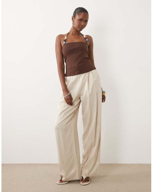 ASOS Brown Compact Cotton Strappy Halter Neck Top With Bead Detail