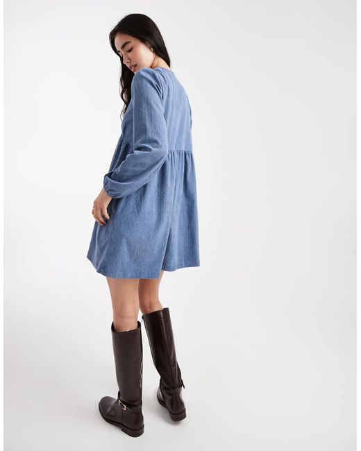 Threadbare Blue Cord Long Sleeve Mini Dress