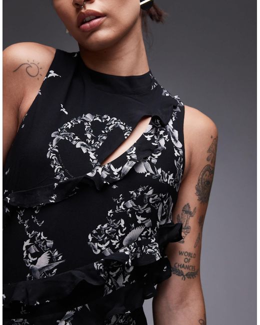 Robe imprimée à volants en cady AllSaints en coloris Black