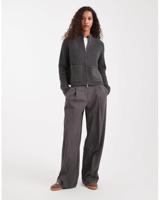 ASOS Gray Knitted Fisherman Rib Bomber Jacket With Pocket Detail