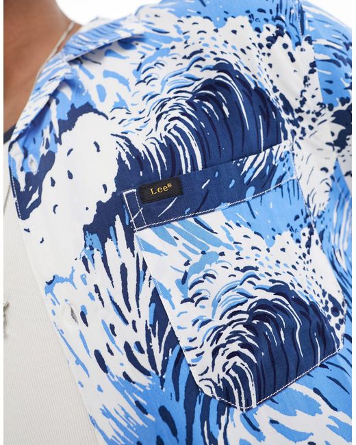 Lee Jeans Blue Short Sve Revere Collar Wave Print Resort Shirt Relaxed Fit for men