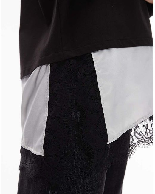 ASOS Black Long Sleeve T-Shirt With Lace Satin Asym Hem Detail